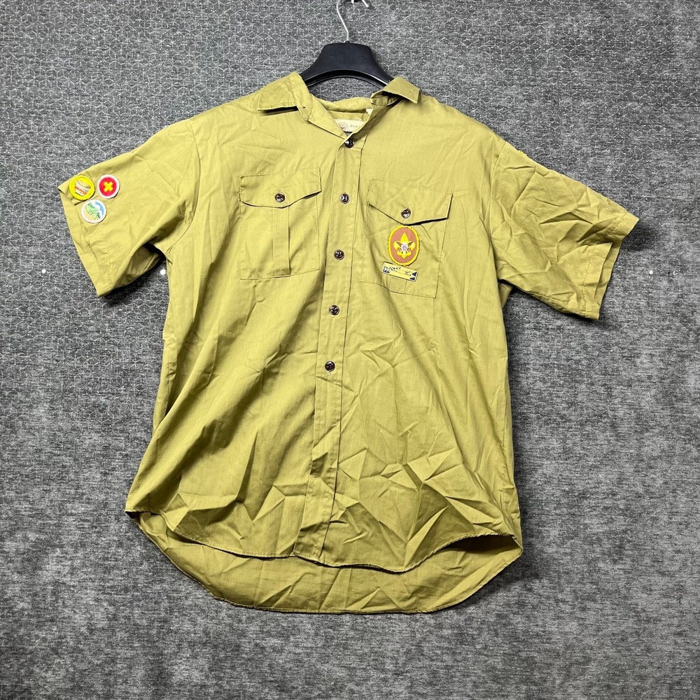 Vintage Boy Scouts Of America BSA Shirt Men;s Olive Khaki Patches Uniform - 16.5